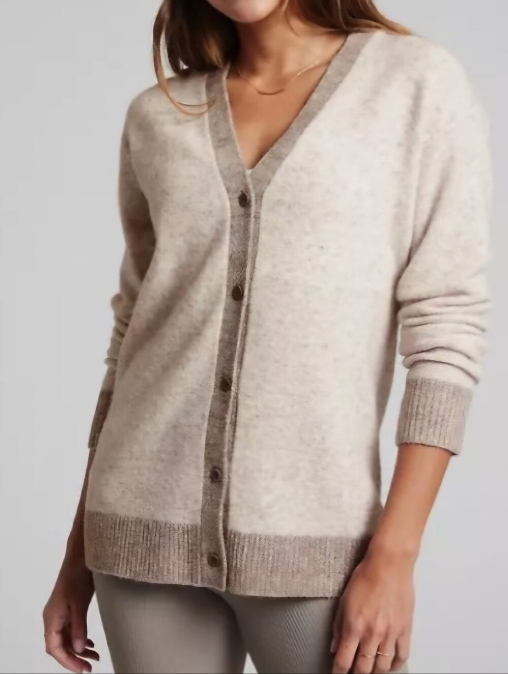 Athleta Athleisure Beige Gray V-Neck Button Front Longline Cardigan, Size M